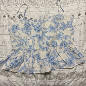 a new day Blue and White Floral Peplum Tank Top